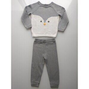 Hanna Andersson ORGANIC Cotton Penguin Knit Sweater Pants Set Gray 90cm US 3T